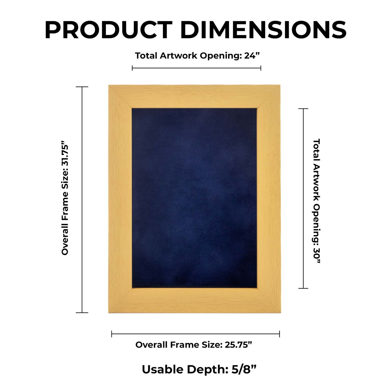 Classic Natural Wood Shadow Box Frame with Acrylic Front - Navy Blue Suede Backing, 30 Sizes
